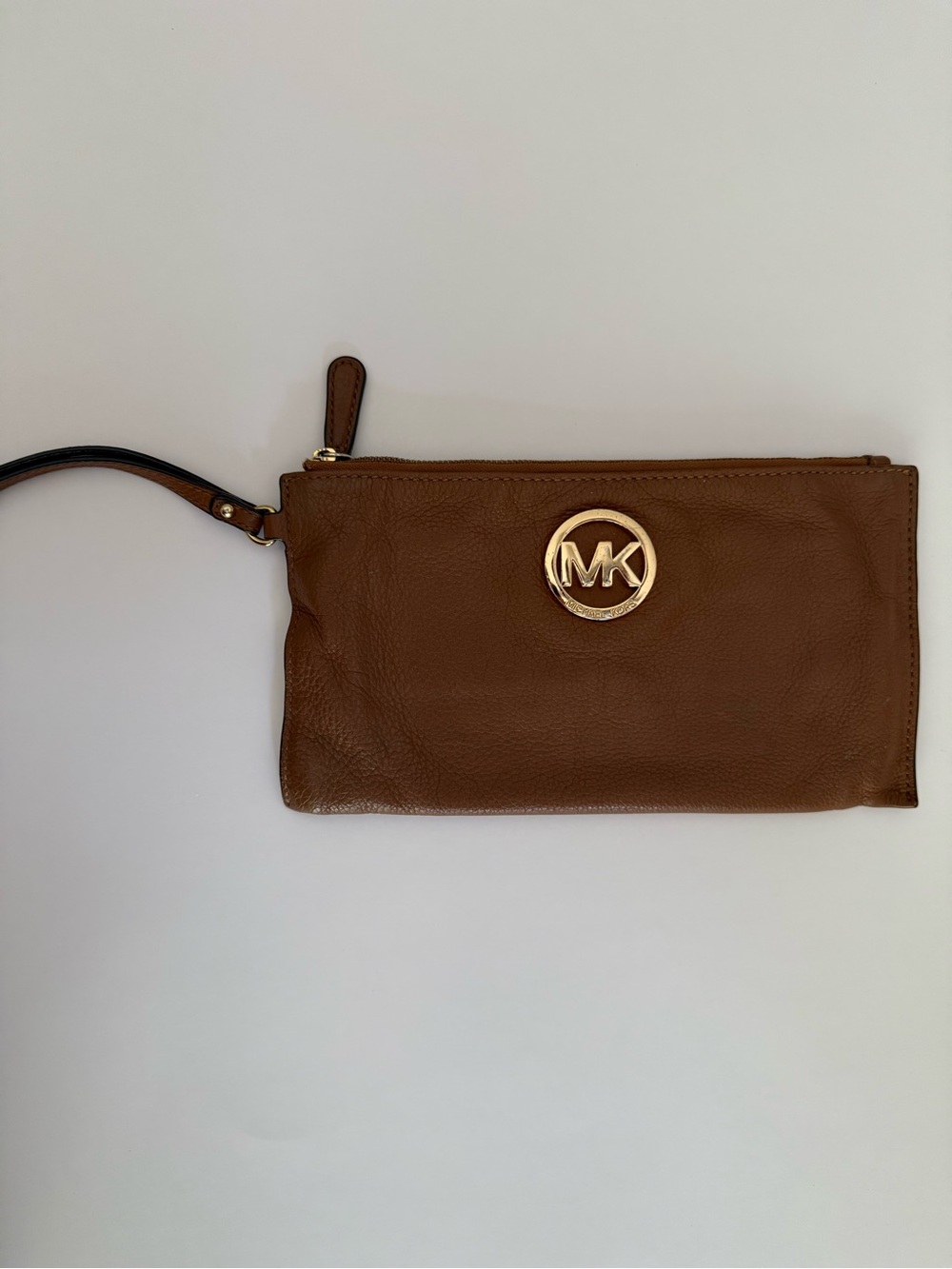Michael Kors Chestnut Brown Leather Wristlet with Gold MK Logo